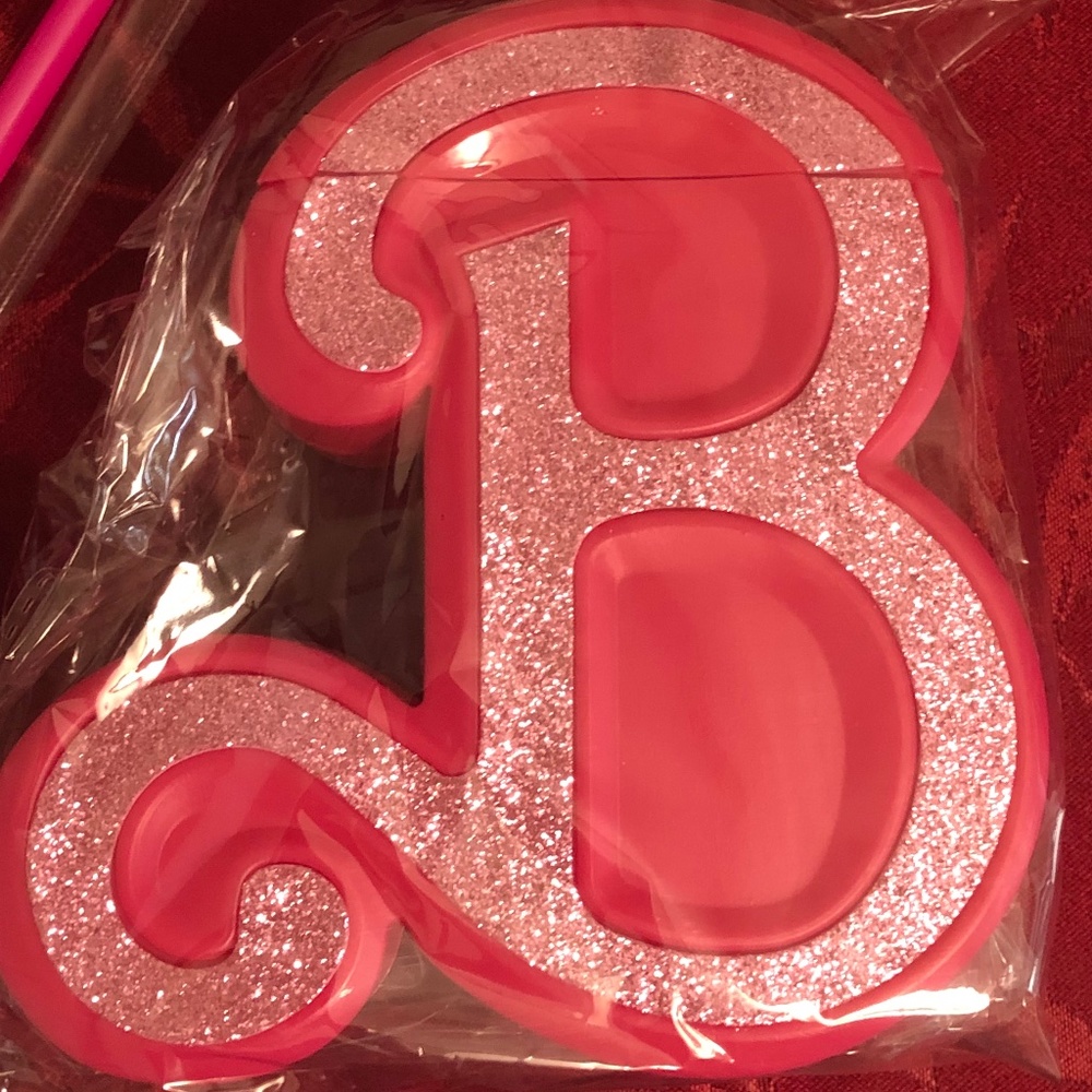 Barbie the Movie B Barbie Logo Cup Pink Glitter Travel Cup Plastic Straw NWT